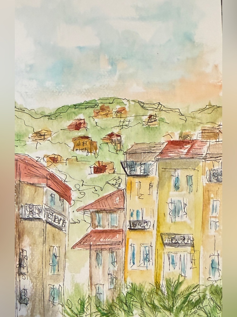 Watercolor old nice france Cityscape Wall Art – Yellow & Red Toned Print